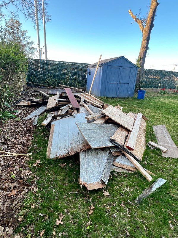 Pile of weathered boards and plywood in a yard near a blue shed