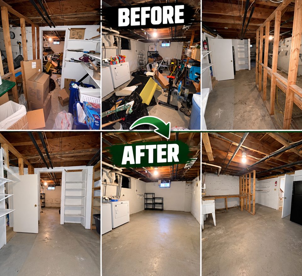 Basement filled with boxes, bikes and clutter before a cleanout, and the same basement empty and clean after