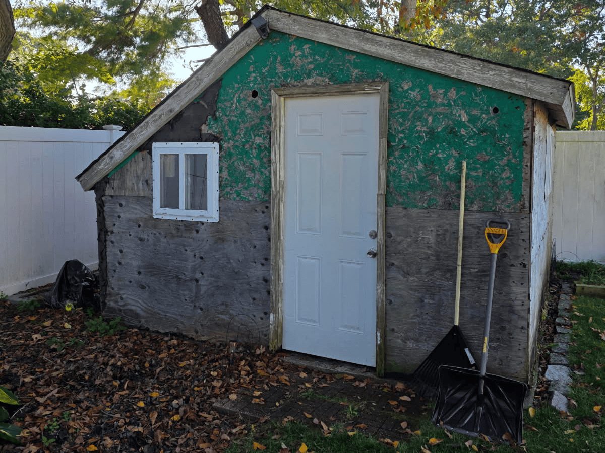Backyard shed with a white door and green and gray siding before demolition